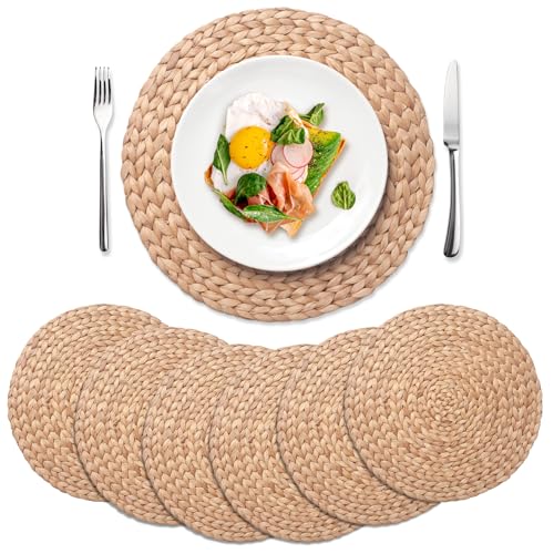 Image of 6 Pack, Round Woven Placemats, Natural Water Hyacinth Place mats, Braided Straw Table Mats for Dining Table, Christmas Placemats Set of 6 (15 inch)