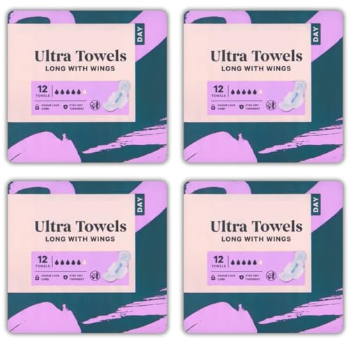 Ultra Toallas largas con alas, 48 toallas sanitarias, protección diurna, hoja superior que se mantiene seca, núcleo de bloqueo de olores - Paquete de 4 x 12
