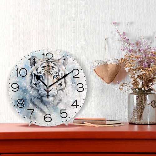 Horloge murale à quartz analogique tigre blanc déco rétro rustique