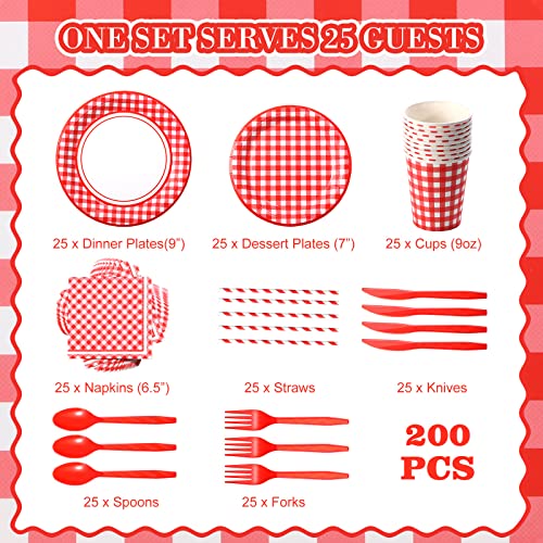 Sieral 200 Pcs Red Party Supplies For 25 Guests Tableware Kits Red Paper Plates, Cups, Napkins, Cutlery And Straws For Picnic #TOP1