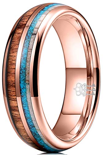 THREE KEYS JEWELRY Mens KOA Wood Rings Unique Tungsten Carbide for Man 6mm Turquoise Antler Wooden Ring Wedding Band Gifts Bands Rings for Men Rose Gold Size 7