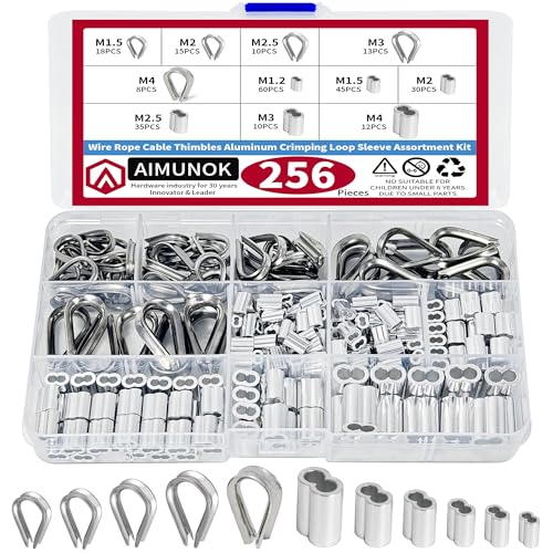 AIMUNOK 256Pcs 304 Stainless Steel Wire Rope Cable Thimbles Combo and Aluminum Crimping Loop Sleeve Assortment Kit for Wire Rope Cable Thimbles Rigging