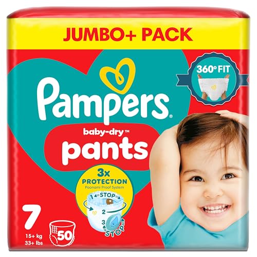 Pampers Baby-Dry Nappy Pants Size 7 50 Nappies 15kg+ Jumbo+ Pack 360 Fit to Help Prevent Gaps and Leaks