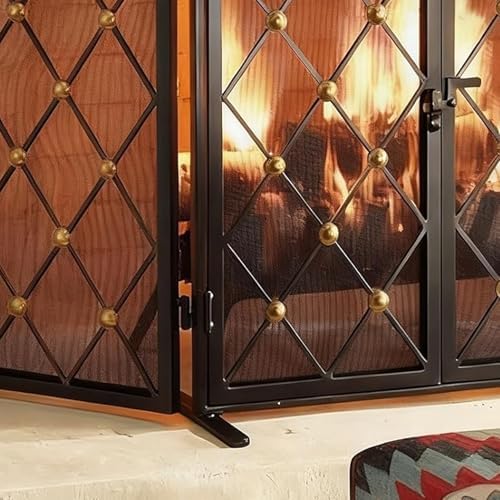 3 Panel Folding Metal Fireplace Screen with Doors, Locking Spark Guard Mesh, Safe Fireproof Cover for Bedroom, Living Room, Home Decor (Black)