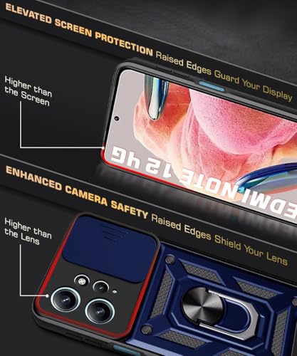 Image of WOW IMAGINE Tough Armor Bumper Mobile Back Case for Redmi Note 12 4G | Sliding Camera Shield Cover | Shock Proof 360 Protection | Hybrid PC + TPU | Ring Holder with Kickstand - Blue