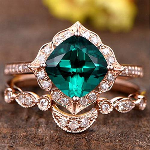 WANGYUSHENG Rose Gold Tone Cushion Emerald CZ Engagement Rings for Women Cubic Zirconia Promise Halo Engagement Ring Set (US Size 7)2