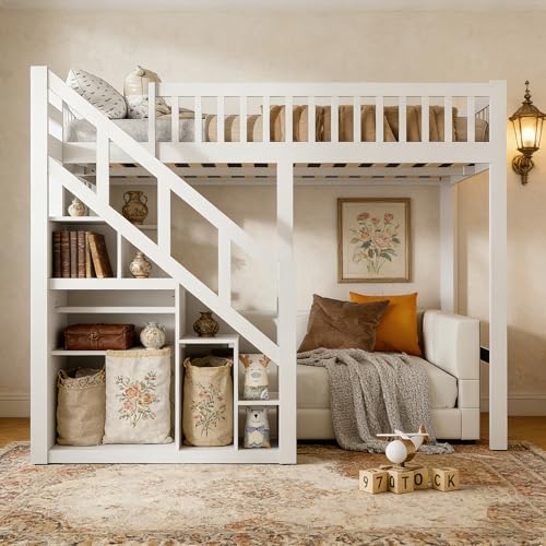 DULRLLY Lit Double Mezzanine 140x200 cm, Lit Superposé Enfant avec Escaliers de Rangement et Barrière de Sécurité, Sommier à Lattes en Bois, Lit Hauteur pour 2...