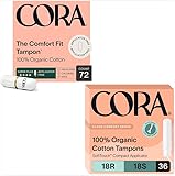 Cora Organic Cotton Tampons | Non-Applicator Ultra-Absorbent S/S+ & Applicator Multipack (72 S+ Tampons & 18 Regular + 18 Super Absorbency) | Eco-Conscious | 108 Total