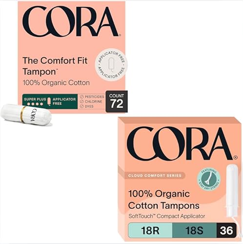 Cora Organic Cotton Tampons | Non-Applicator Ultra-Absorbent S/S+ & Applicator Multipack (72 S+ Tampons & 18 Regular + 18 Super Absorbency) | Eco-Conscious | 108 Total