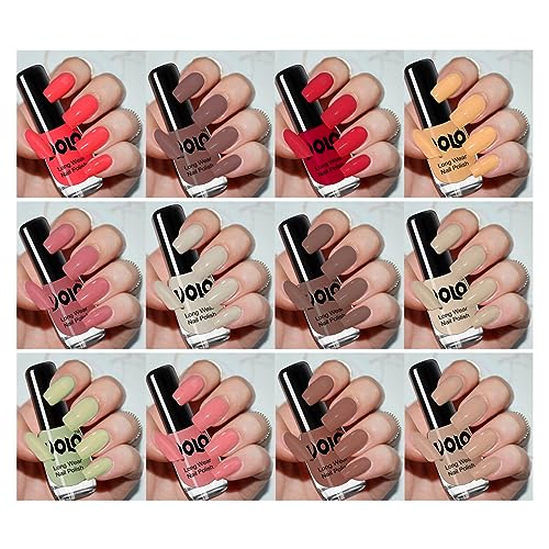 Volo Color Rich Toxic Free Shine Nail Polish Set of 12 (Flirty Nude, Tan, Ice Nude, Reddish Orange, Chrome Rust, Chocolate Brown, Dark Nude, Nude, Mischievous Mint, Candy Cotton, Dark Nude, Nude)