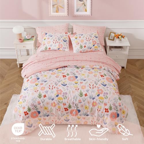 Image of BLOOMHAVEN Full Size Comforter Sets for Girls, 7 Pieces Pink Bedding Set with Pastel Flower, All Seasons Kids Bed in a Bag with Sheets, Pillowcases & Shams