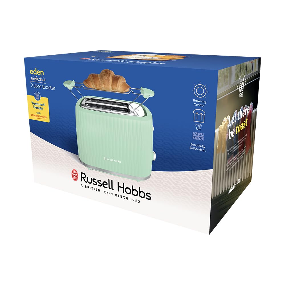 Russell Hobbs Tostapane 2 fette, 6 gradi di doratura, con Pinze, Scongela, Riscalda, Cancella selezione, Vassoio raccogli briciole, Riscalda panini, esterno testurizzato, Eden Pistacchio 27374-56