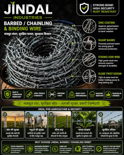 Image of Jindal Barbed Wire for Fencing Wire 2 MM Thickness 14 Gauge Alloy Steel Wire with Hook Approx. Length 180 Meters (600 FEET Length)