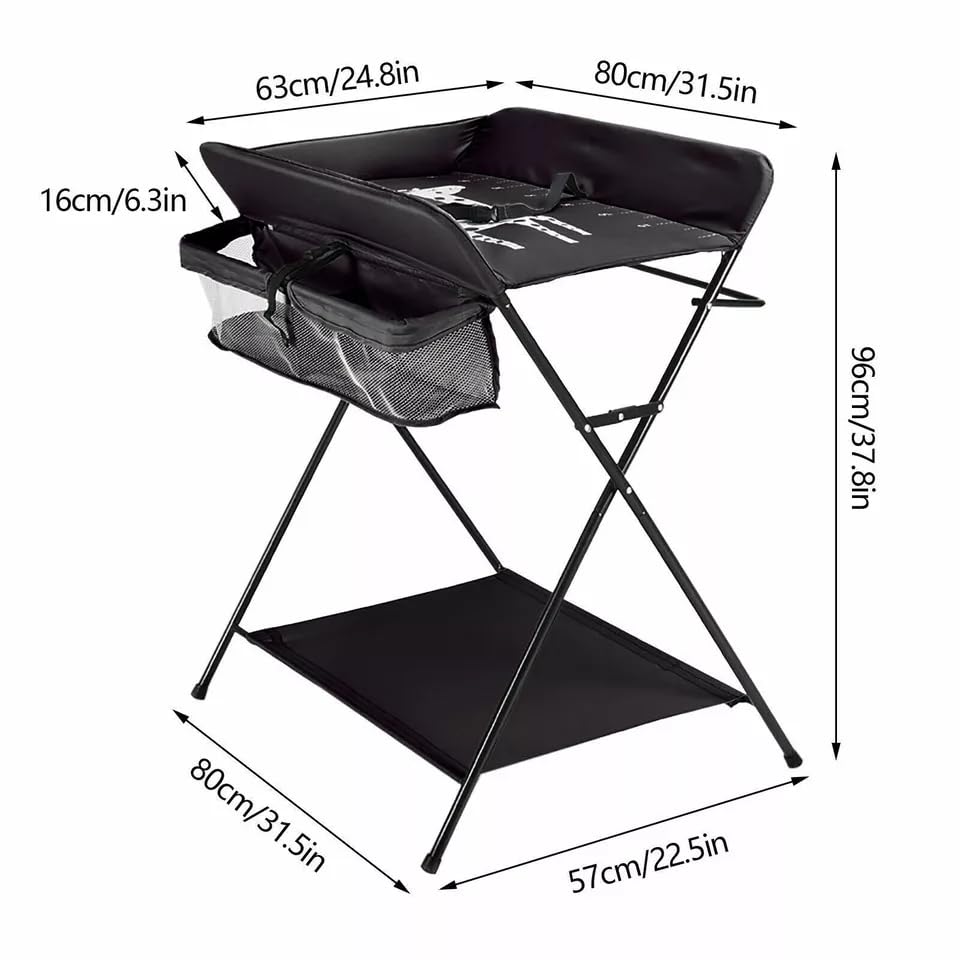 Cambiador de bebé plegable con ruedas, cinturón de seguridad y compartimentos de almacenamiento, cambiador plegable para recién nacidos, almacenamiento para niños pequeños, color negro