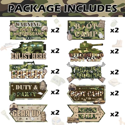 Image of Hooqict 20 Pieces Army Party Sign Camouflage Military Birthday Party Decorations Directional Signs for Boys Men Camo Army Retirement Decorations Welcome to Boot Camp Party Supplies