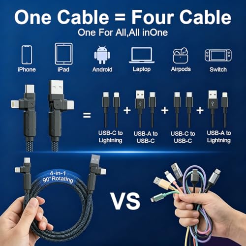 Image of Verilux 4-in-1 C Type Charger Cable 6.6FT, Multi PD 60W Type C Cable Fast Charging with 480Mbps Data Transmission, 90 L-Shaped Elbow & Nylon Braided for iPhone 17 /16 /15, Galaxy S26 /S25 /S24