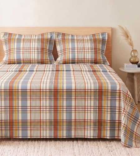 Image of BSB HOME 240 TC Cotton Feel Bedsheet with 2 Pillow Covers, Soft & Breathable Printed Double Bed Sheet for Bedroom, Fade Resistant & Easy Care - 90 x 100 Inches (228 x 254 cm) - Chambray Blue Plaid