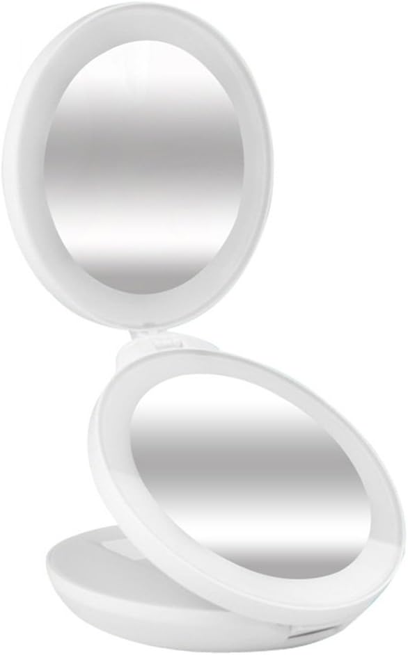 Folding Travel Makeup Mirror LED Lighted - 10x and 1x Magnification, YTOM Handheld Magnifying Mirror for Girls Women 4โ Wide Illuminated Cosmetic Vanity Mirror with Protective Pouch (White)