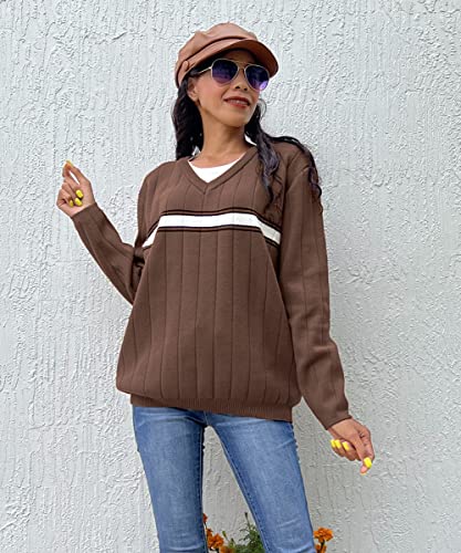 Bzb Womens Striped V Neck Oversized Sweater Casual Loose Long Sleeve Knitted Sweaters Pullover Tops Brown #TOP1