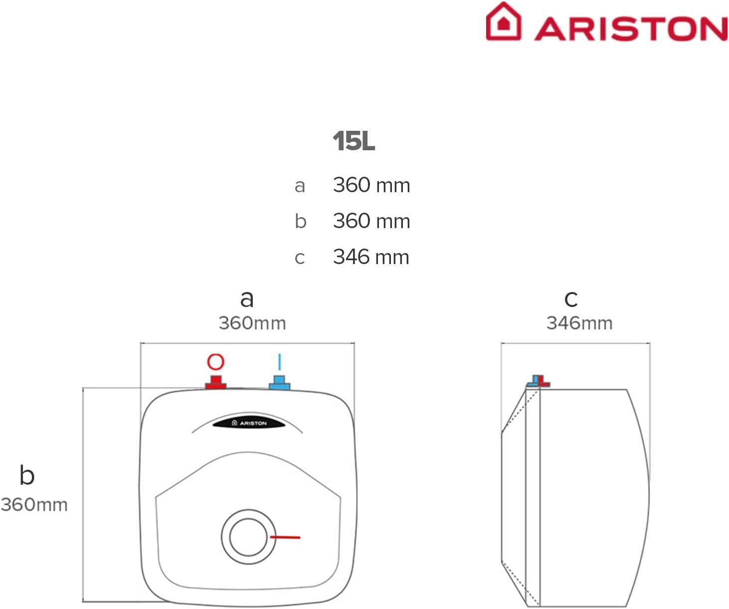 Ariston Andris R - Termo Eléctrico 15 Litros Potente, Calentador de Agua Eléctrico Vertical con Tamaño Reducido 41,8x37,7x35,2 cm, Fabricado para Instalación en España