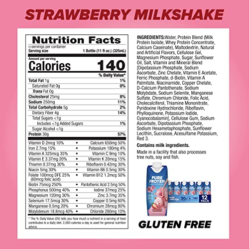 pure protein strawberry protein shake 30g complete protein ready to drink and keto-friendly vitamins a c d and e plus zinc to support immune health 11oz bottles 12 pack