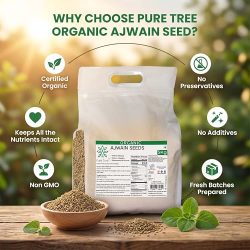 Image of Pure Tree Certified Organic Carom Seeds | 5 Kg / 5000 g | Ajwain Seeds | Omam | Vamu | Ajowan | Ayamodakam Seeds Rich In Antioxidants