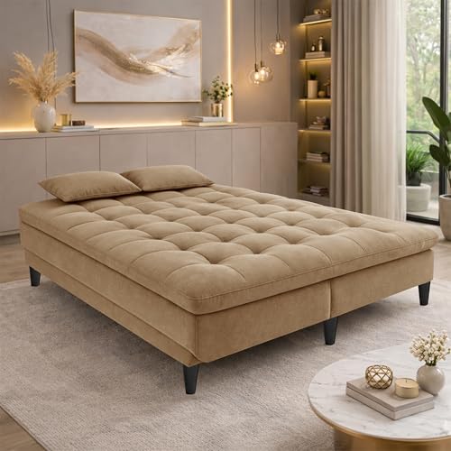 Image of Modern 3 Seater Sofa Cum Bed | Tufted Backrest | Velevt Fabric Upholstery | Living Room Furniture-Golden
