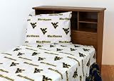 College Covers Everything Comfy West Virginia Mountaineers Twin Sized 3 Piece Sheet Set, White Color Background, 1 Flat Sheet, 1 Fitted Sheet, 1 Pillowcase