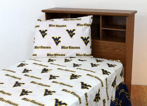 Everything Comfy West Virginia Mountaineers King Sized 4 Piece Sheet Set, White Color Background, 1 Flat Sheet, 1 Fitted Sheet, 2 Pillowcases
