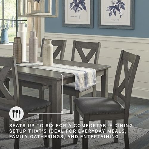 Image of Signature Design by Ashley Caitbrook 7-Piece Dining Set, Gray Wash | Acacia veneer & engineered wood, X-back cushioned chairs, 36x60 inch footprint, Nailhead trim accents