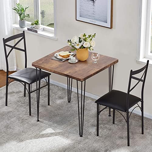 VECELO Modern Industrial Style 3-Piece Room Kitchen Pu Cushion Chair Sets for Small Space, Dining Table for 2, Retro Brown and Black