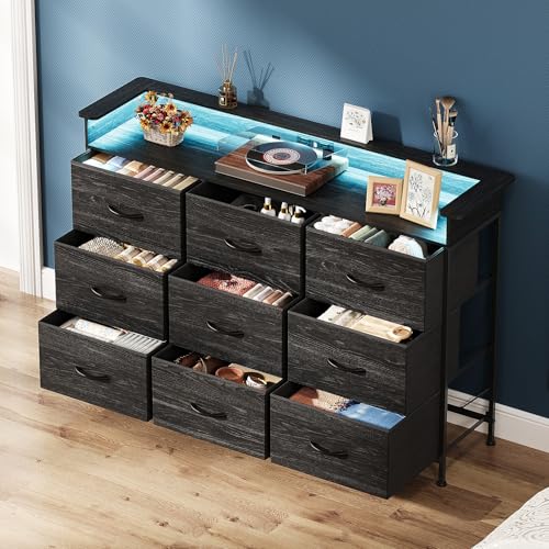 Image of EXOTICA Black Dresser with Charging Station 9 Drawers Dresser with LED Light and USB Ports Fabric Dressers for Bedroom Hallway Entryway Closets Sturdy Steel Frame Wood Top