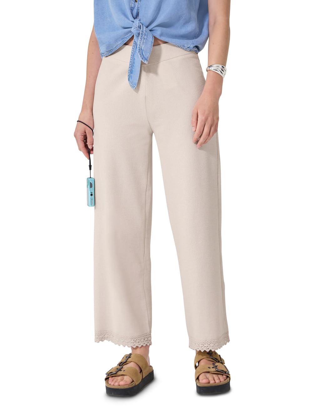 Street One Studio 3818451 Women's Wide Leg Trousers with Crochet Detail, Vanilla Sand, 42W x 28L