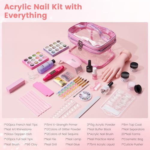 Deciniee Acrylic Nail Kit: Practice Hand Acrylic Powder Set with UV Lamp and Electric Nail Drill-False Nail Tips Manicure Full Set for Beginners Home Salon-Nail Art Decoration Tools in Pink Gift Bag - Image 3