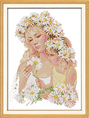 Joy SundayCross Stitch Kit 14CT Stamped Embroidery Kits Precise Printed Needlework- Mother and Daughter with Flowers 36×47CM