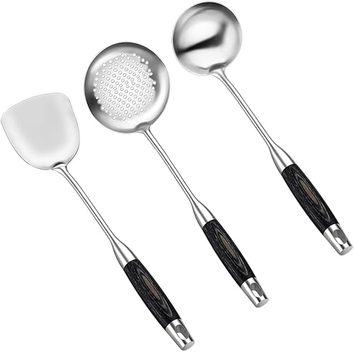 Juego de utensilios de cocina, espátula wok y cucharón, juego de herramientas de cuchara ranurada, espátula wok de acero inoxidable 188 304 con