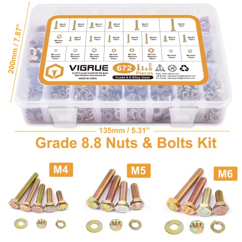 Image of VIGRUE 672PCS Grade 8.8 M4 M5 M6 Metric Bolts Nuts Assortment, Heavy Duty Hex Head Nuts and Bolts Assortment Kit, 13 Metric Sizes Included