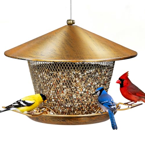 Samhe Bird Feeder for Outdoor Hanging, All Metal Weatherproof Wild Bird Feeder with 9.8' Roof, 3.5 LBs Seeds Capacity, Easy to Clean & Refill