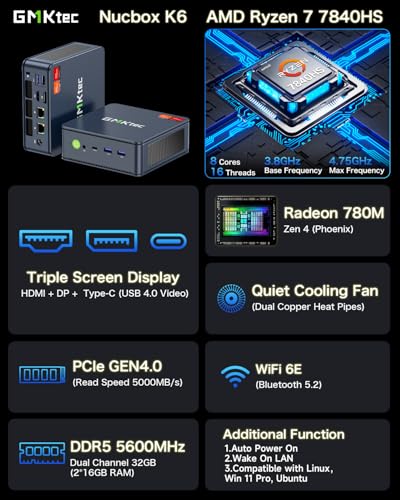 Image of GMKtec Mini PC Gaming, K6 AMD Ryzen 7 7840HS Dual NIC LAN 2.5Gbps Desktop Computer, 32GB DDR5 (16GB*2) 1TB PCIe4.0 SSD, USB4.0, HDMI, DP, USB-C, WiFi 6E, BT 5.2