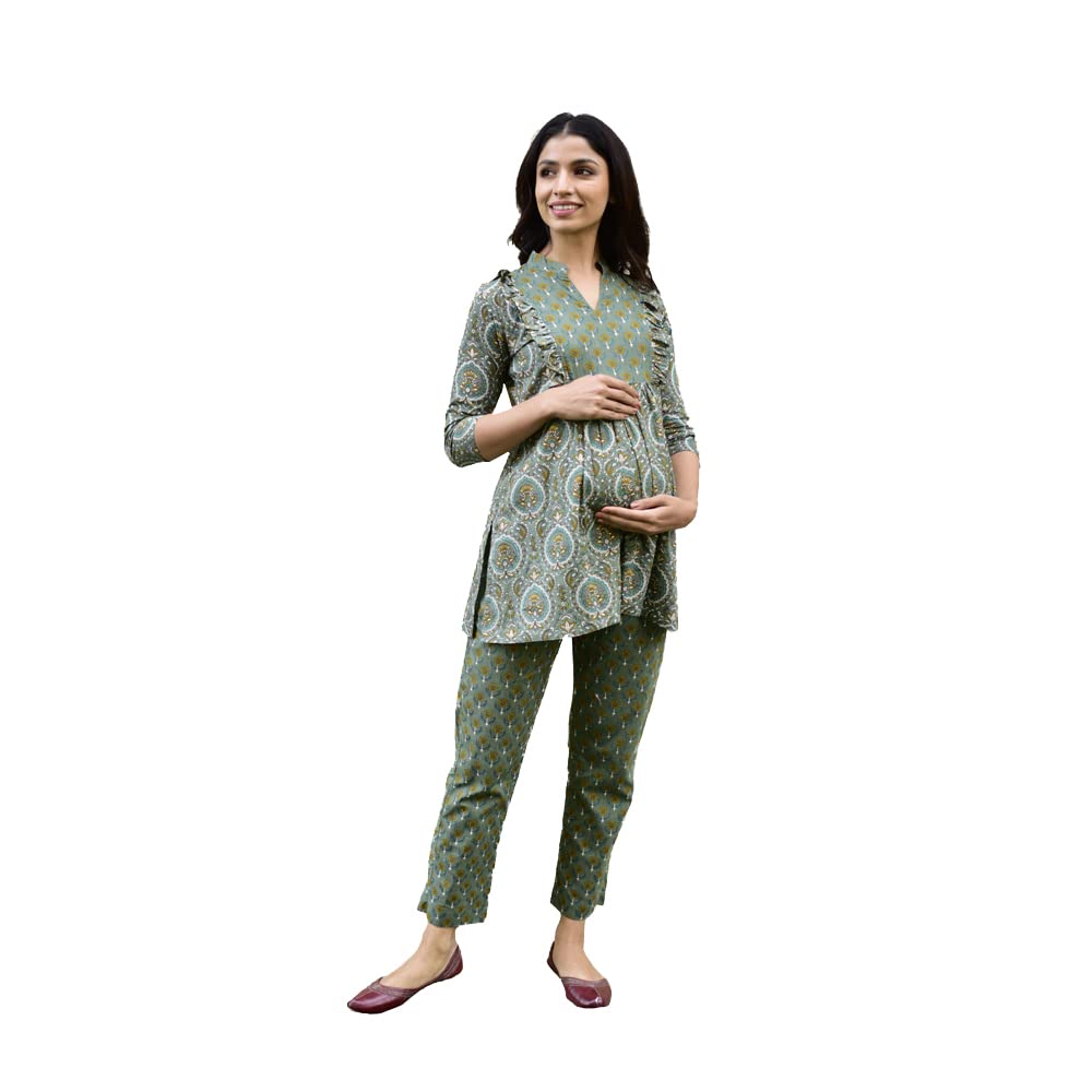 Jaipuri Floral Booti Printed 100% Cotton Maternity Nursing and Feeding Kurta Set | Nursing Zippers | Pre and Post Pregnancy | Color - Green-image-20