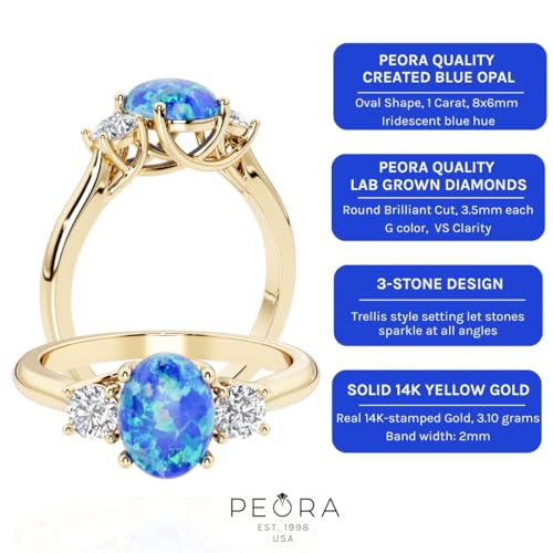 PEORA 3-Stone Oval Shape Created Blue Opal and Lab Grown Diamond Trellis Ring 14K White or Yellow Gold, 1.30 Carats total, Sizes 4 to 104