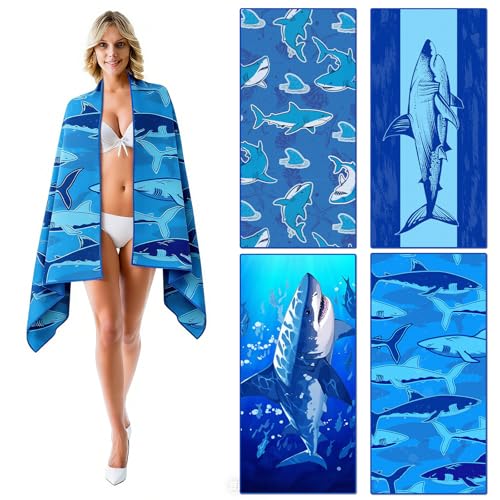 Haull 4 Pack Cute Shark Microfiber Beach Towel 75 x 35 Soft Oversized Shark Pool Bath Towels Sand Free Quick Dry Camping for Bathroom Gym Yoga Gifts for Women Men Lady Ocean Fishes Lovers