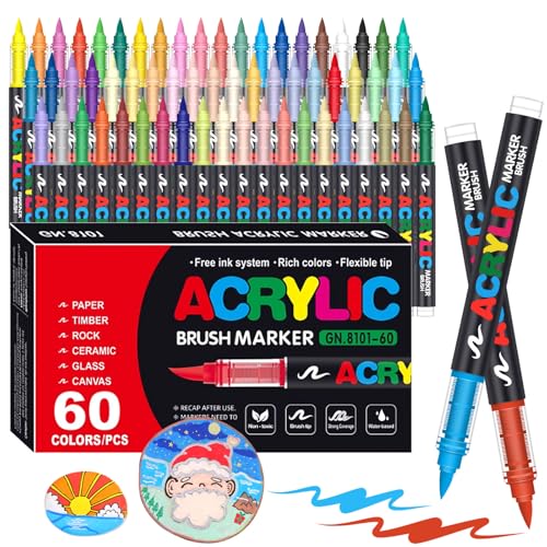 Laconile 60 Couleurs Feutre Acrylique, stylos acryliques à pointe pinceau pour le coloriage adulte ，Acrylic Paint Markers pour Coloriage, Calligraphie, Bois, Toile, Verre, Céramique (60)