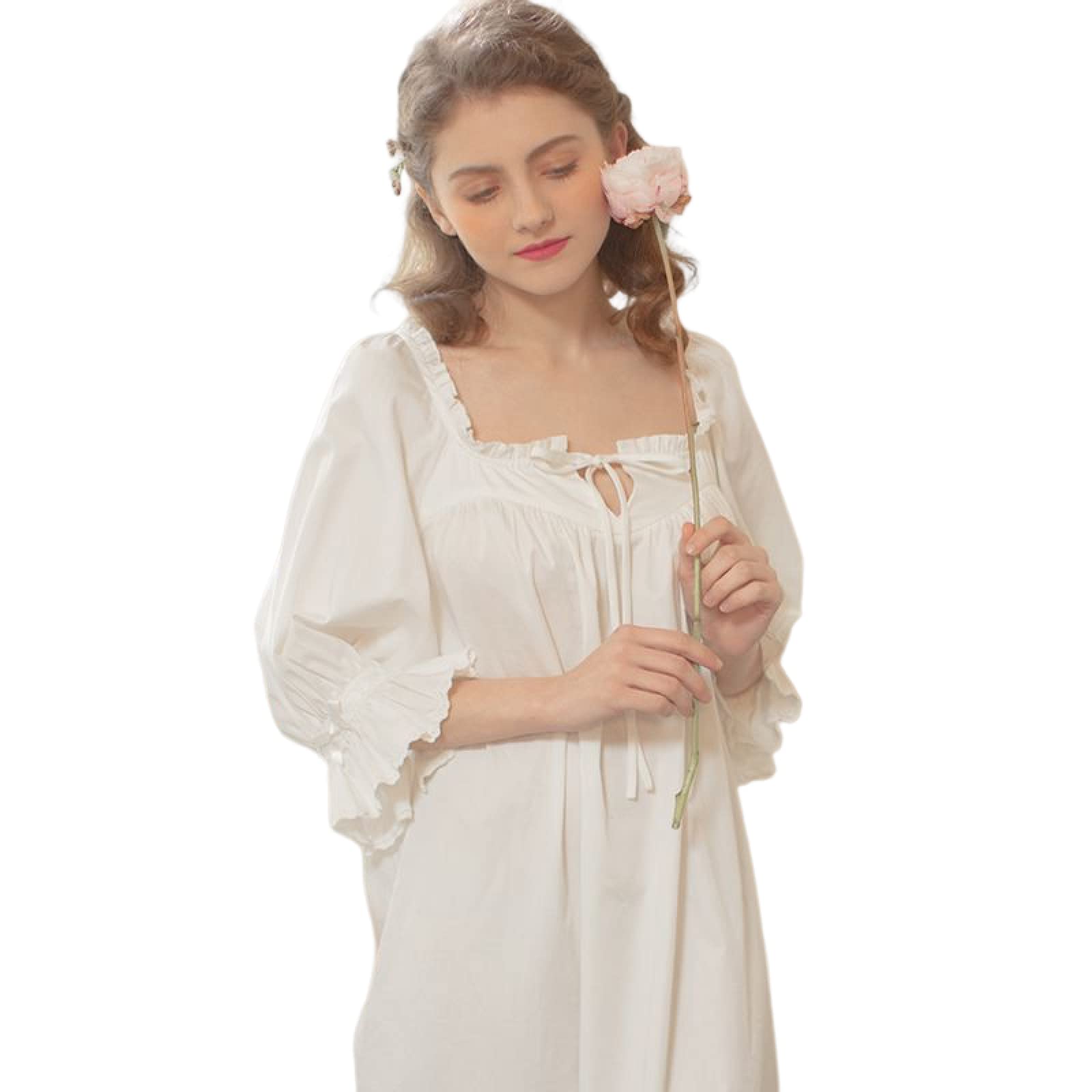 OFFSUM Camicia da Notte Donna - Primavera Estate Vintage Cotton Square Collar Sleepwear Camicia da Notte Classica Casual Elegante Sweet Princess White Loungewear