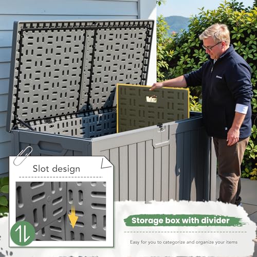 Image of Greesum 230 Gallon HDPE Outdoor Storage Box with Removable Dividers, Weatherproof Oversized Deck Box for Patio, Garage, Garden, Gray