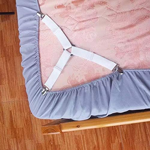 Bed Sheet Holder Straps, Adjustable Elastic Bed Sheet Fasteners and 3 Way Mattress Cover Holder Fasteners ,The Triangle Sheet Clips Keeping Sheets Place for Bed and not Wrinkled,White (4 PCS)