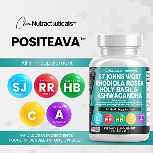 Clean Nutraceuticals St Johns Wort 10000mg Rhodiola Rosea 20000mg Holy Basil 3000mg Ashwagandha 6000mg - Mood Support for Women and Men with Vitamin C & Black Pepper Extract - Made in USA 90 Caps - Image 7
