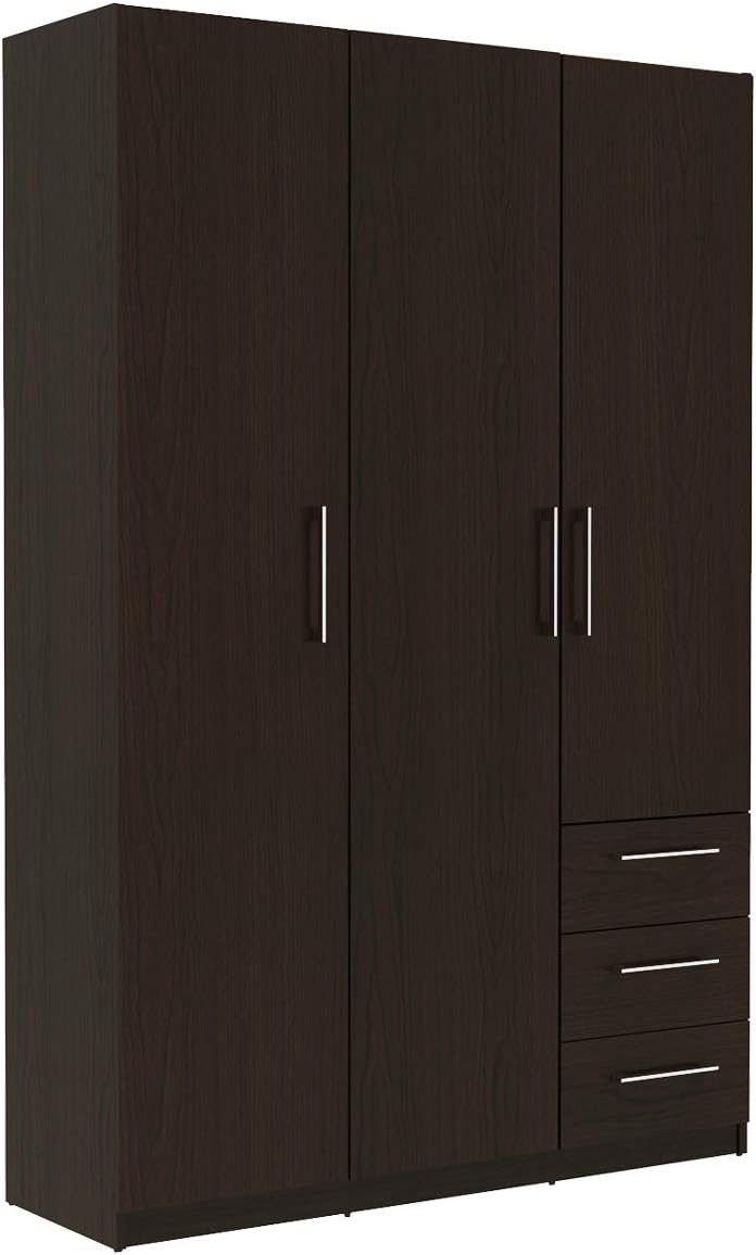 3 Door Wardrobe 3 Shelves 3 Drawers Bedroom Cupboard Large Storage Space 1.2m Wide (Dark Brown)