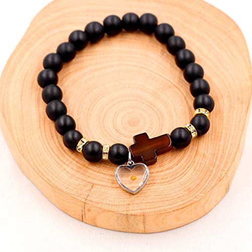 Image of Uloveido Black Agate Side Cross Bracelet Mustard Seed Charms, Personalized Letter A-Z Tiger's Eye Bangle Y944