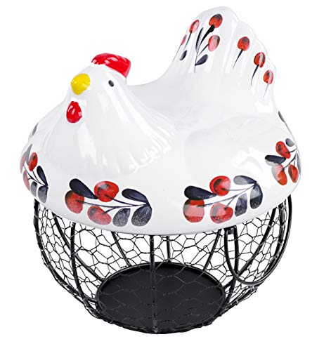 Rural365 Chicken Egg Basket in Navy and Red Design Ceramic Chicken Shaped Lid with Round Wire Basket Base and Handles